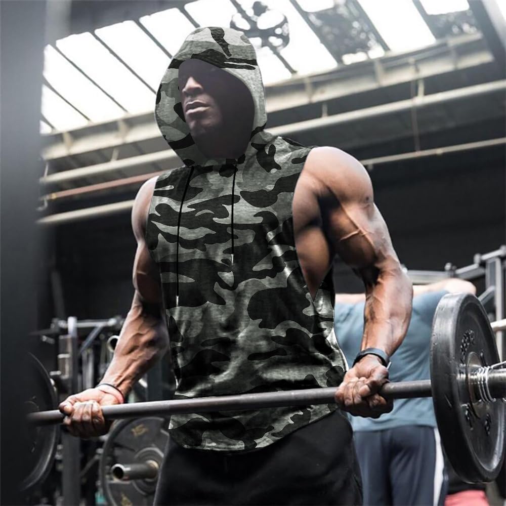 Babioboa Men's Workout Hooded Tank Tops Sports Training Sleeveless Gym Hoodies Bodybuilding Cut Off Muscle Shirts