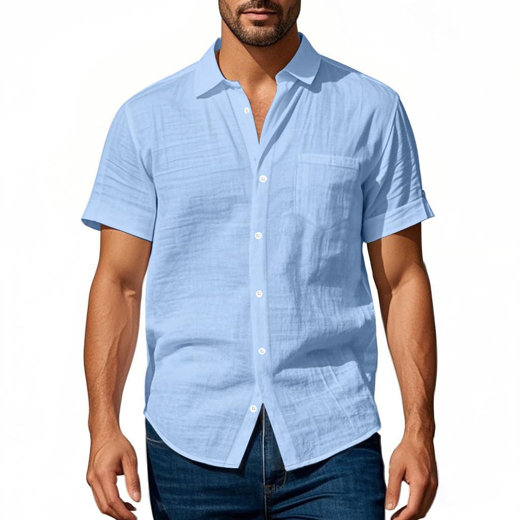 Mens Linen Shirt - Short Sleeve Button Down Collar Solid Casual Shirts with Pocket for Vacation Business