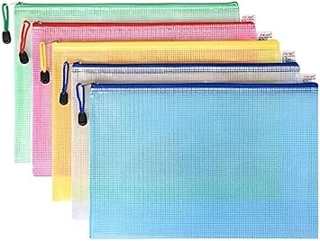05 Pastas com Zíper, Tamanho A4, Impermeável, Envelope de Plástico p/Material Escolar, Arquivo, Documentos, Escritório, Organização de Viagens (Cores Variadas, KIT 05 PEÇAS)
