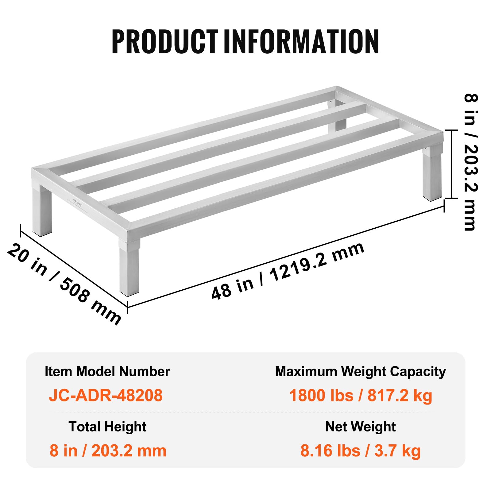 VEVOR Rack de Calage en Aluminium, 121,9x50,8x20,3 cm, Support de Stockage Commercial, Capacité Charge 817,2 kg, Entièrement Soudé, pour Rangement Aliments au Sol, dans Restaurants, Cuisines, Garages