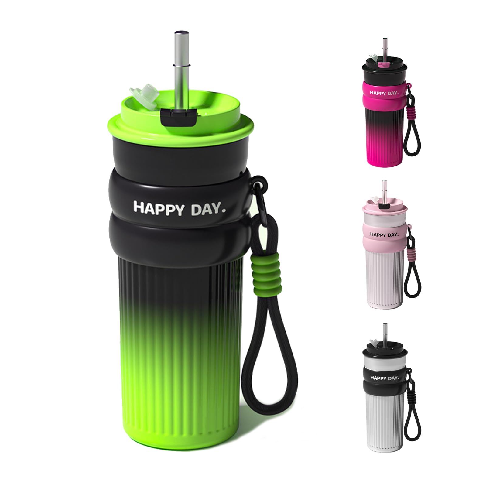 DEARART 17oz Stainless Steel Water Bottle with Material Straw, 100% Leakproof Tumber Anti Slip Silicone Sheeve Wide Mouth Easy Clean, Suit Office