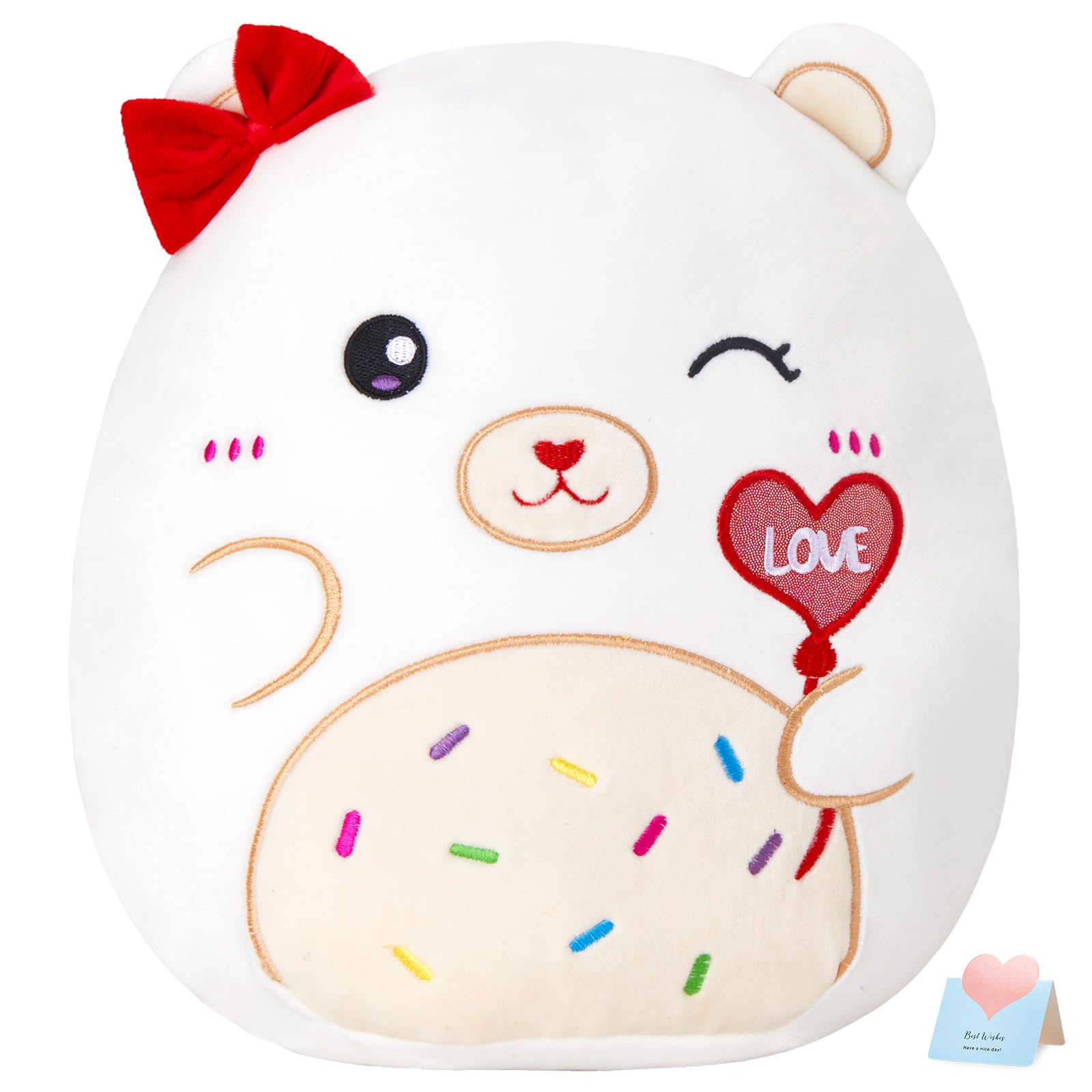 Houwsbaby12" White Bear Plush Pillow,Bear Stuffed Animal Holding Love Balloon,Wearing Bow on The Head, for Girls Girlfriend, Babies, Lovers