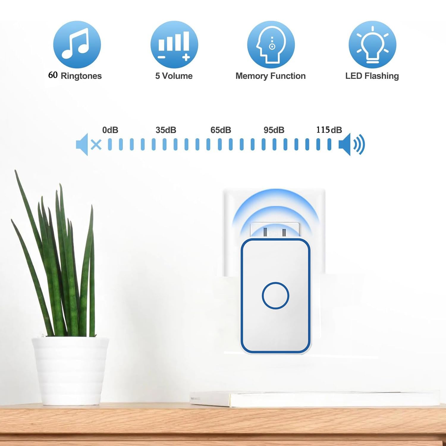Timbre Inalámbrico Exterior Impermeable con 2 Enchufe, 150m Alcance Timbre Casa Autoalimentado, IP65 Timbre para Puerta sin Pilas con Indicadores LED, 60 Melodías Rango, 5 de Volumen,Blanca