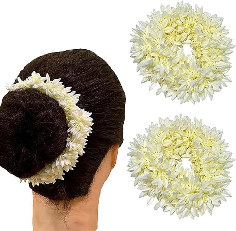 Artificial Mogra White Gajra Hair Accessories Gajra Rubber Band for Women & Girls (Pack of 2)-White image 4