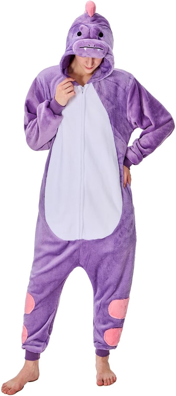 Adult Onesie Pajamas Unisex Animal One-Piece Cartoon Costume Cosplay Homewear Sleepwear Partywear For Men Women Purple Dinosaur Medium