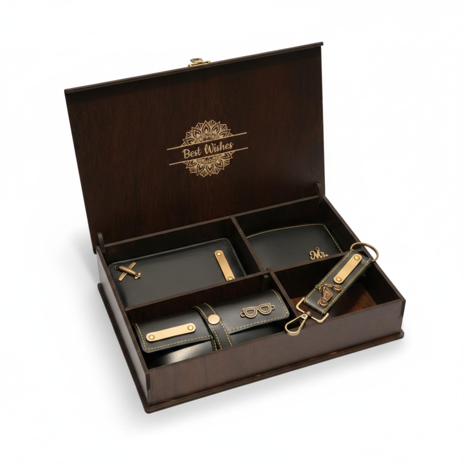 Cross Art Personalized 4 in 1 Men Gift Set with Wooden Box | Custom Name Passport Cover, Wallet, Eyewear Case and Keychain | Corporate Gift for Him, Boss, Husband, Father | Black Faux Leather-image-23