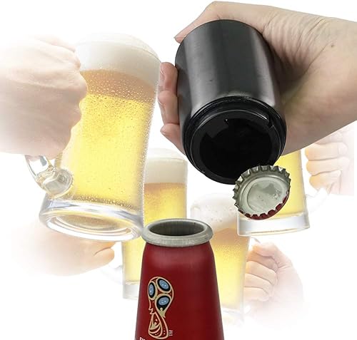 Miniatura 5 de Begale Paquete de 6 abridores de botellas de cerveza de acero inoxidable, imán de empuje hacia abajo, negro