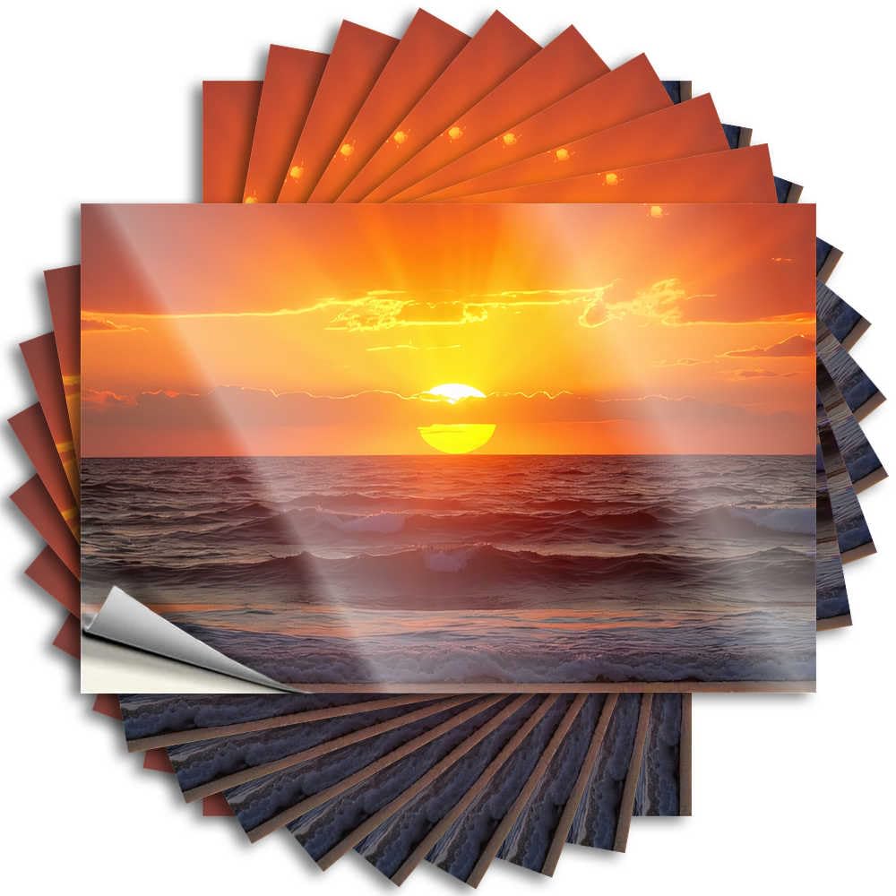 Decal Balcony Decor Easy Apply | Sunset Over The Ocean Waves Neutral Hat Peel and Stick(8X12CM)
