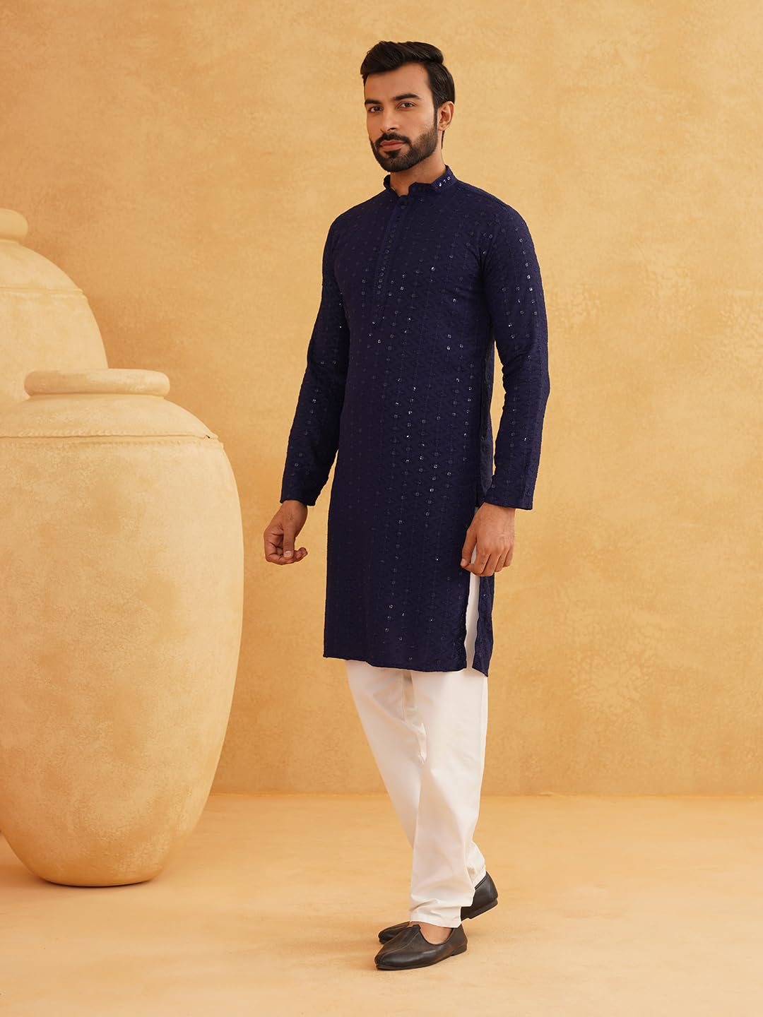 Sojanya (Since 1958 Men's Sequinned Embroidered Navy Blue Cotton Kurta And White Pyjama Set