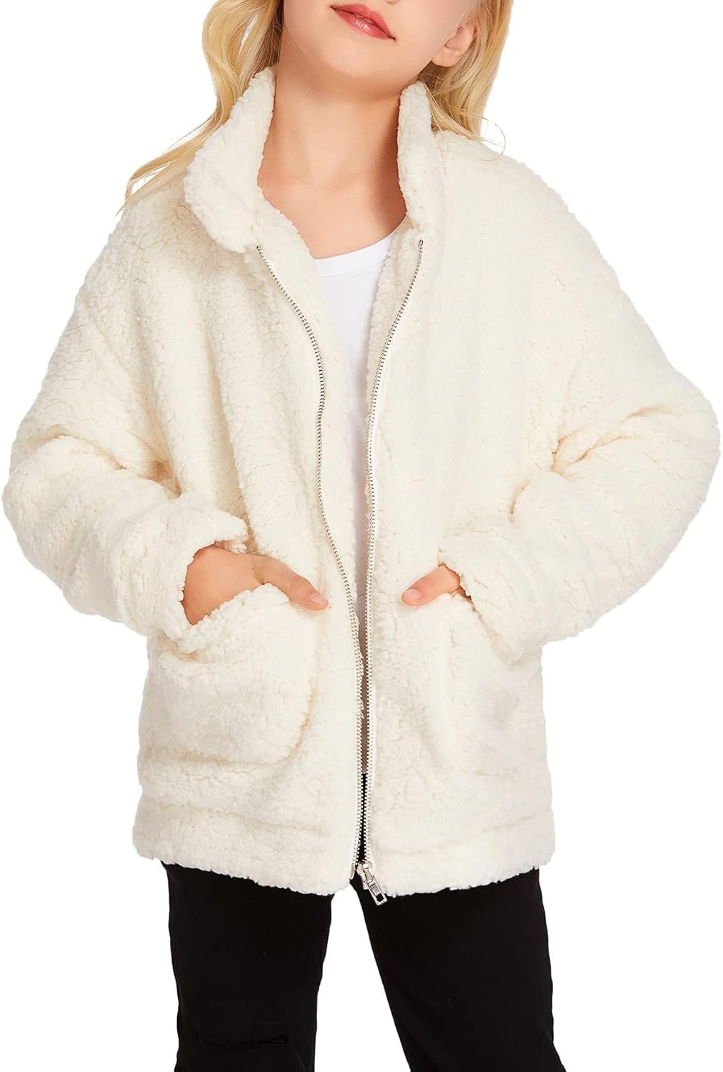 Arshiner Girls Full Zip Fleece Jacket Sherpa Outwear Coat Fall Winter for 4-12Y - Image 3