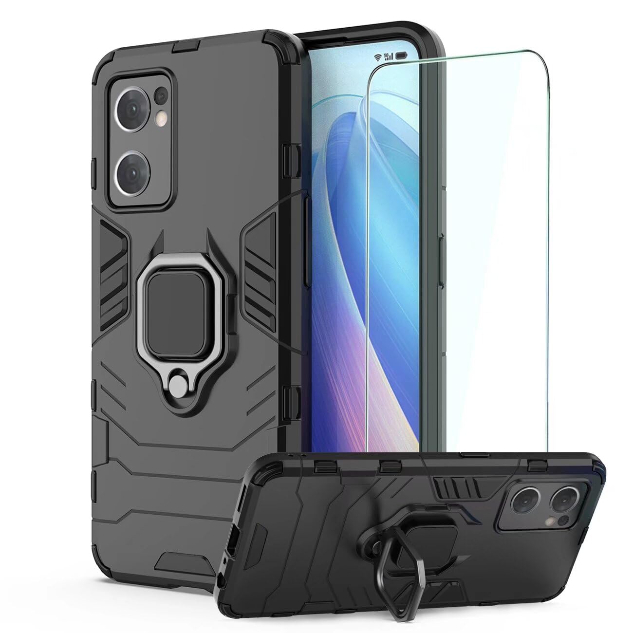 DERHAN Case for OPPO Find X5 Lite, Shockproof Armour Phone Case with 360° Rotating Stand, Hard PC TPU Silicone Protective Cover Bumper - Black