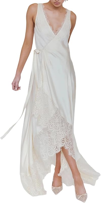 Womens Slip Lace Long Maxi Wrap Dress Y2k Aesthetic Summer Flowy Swing Going Out Boho Ruffle Hem Streetwear Dresses