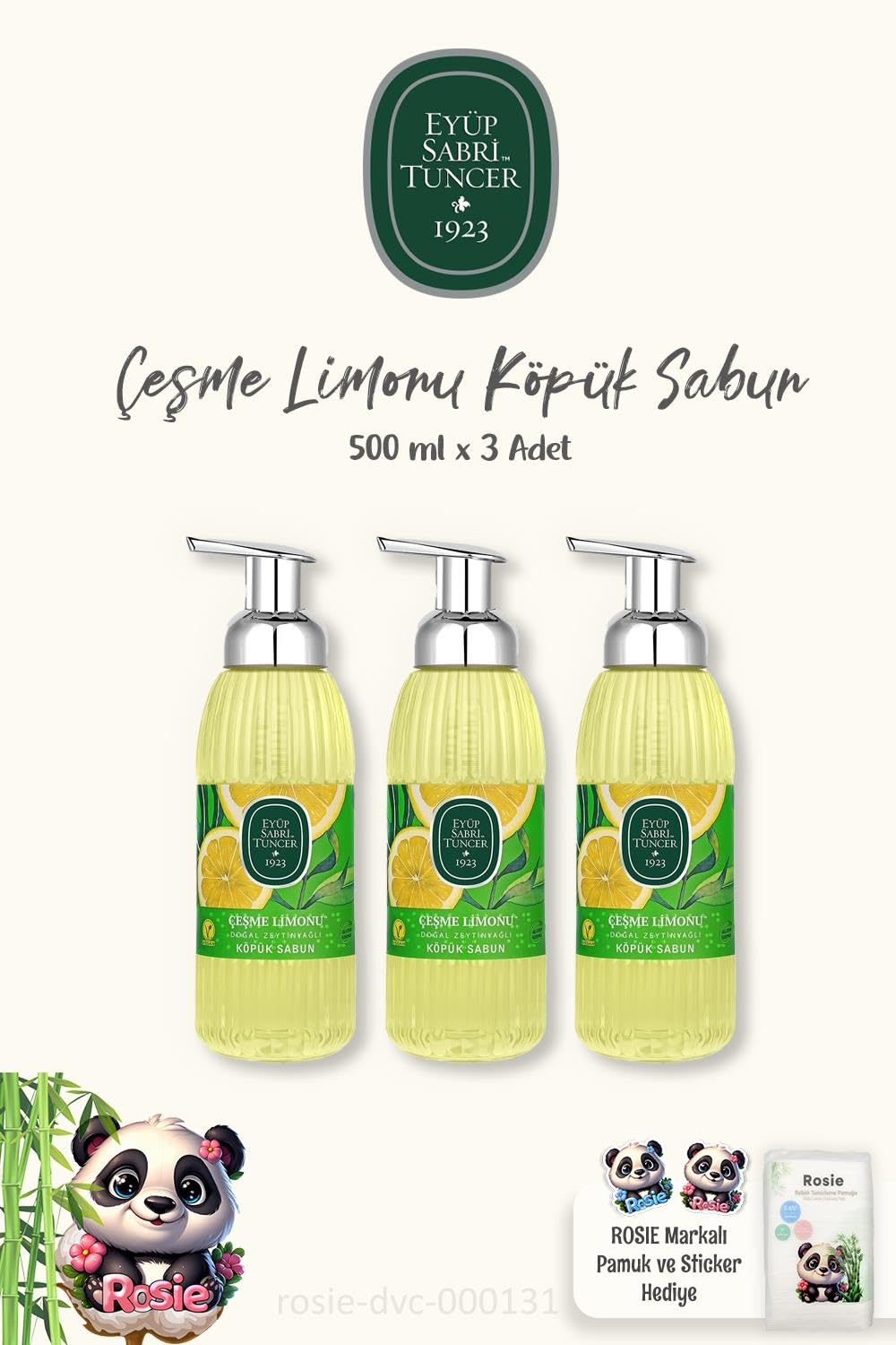 Eyüp Sabri Tuncer Çeşme Limonu Köpük Sabun 3Adet 500 ml, ROSIE Pamuk Hediye
