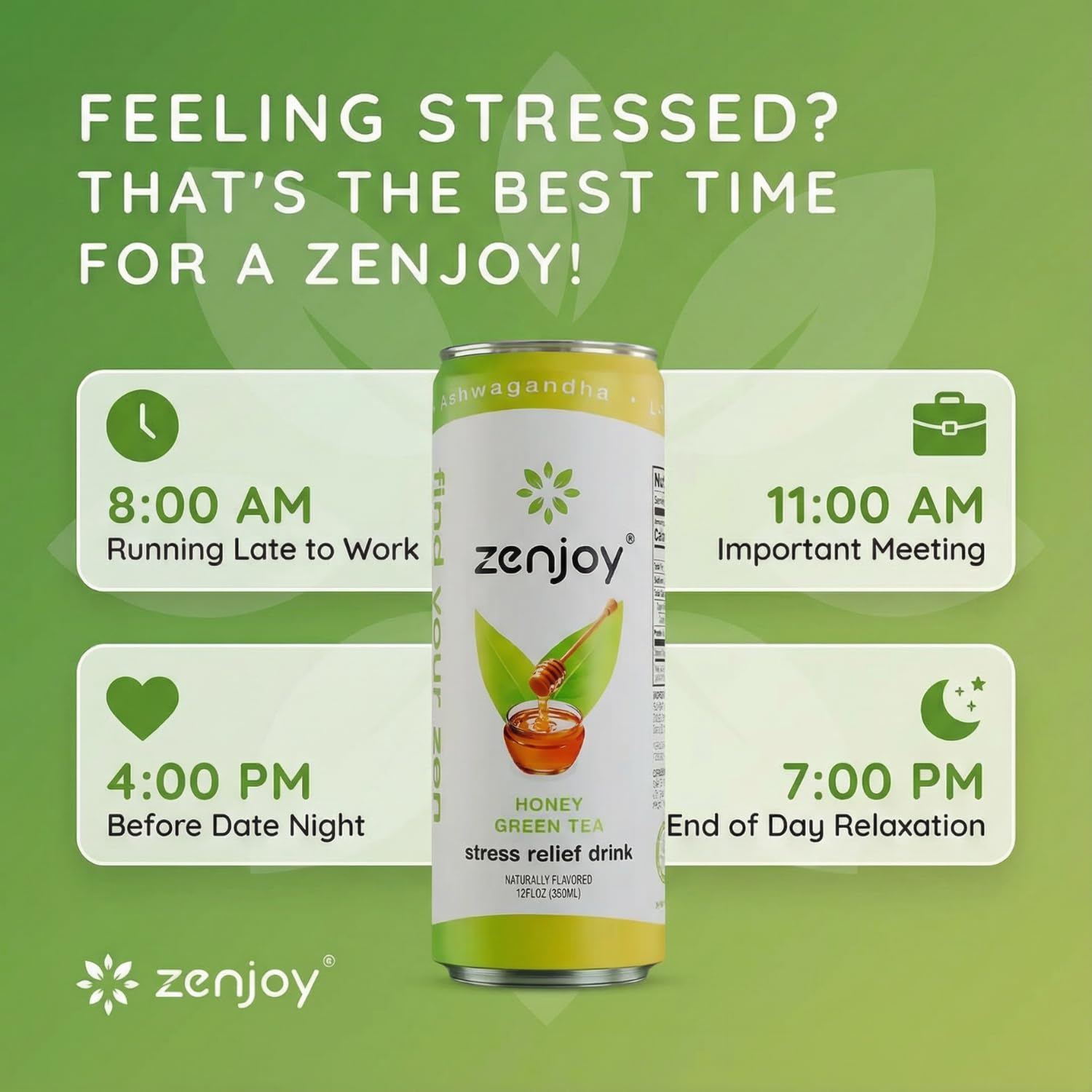 Zenjoy Stress Relief Drink, Calming Green Tea & Black Tea, Non Alcoholic, Ashwagandha & Lemon Balm for Stress Relief, L - Theanine (Variety) (12 Pack)