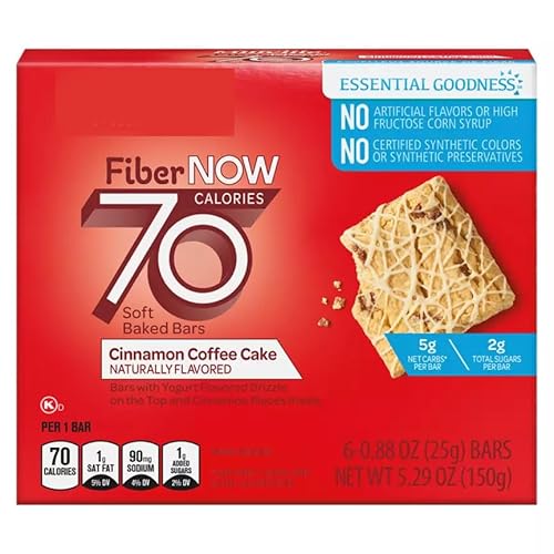 Fiber Now 70 Calorie Cinnamon Coffee Cake Bars, 6 ct On the Go Low Carb (5g Net) Snack Snacking Food Treat, Millville 5.29oz Box
