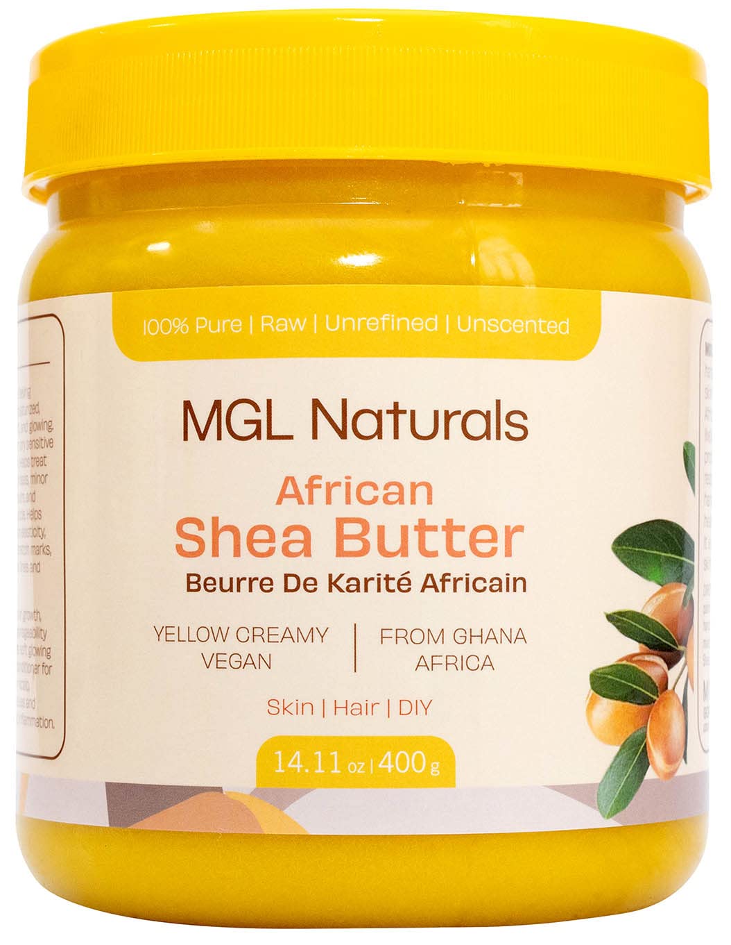 Shea Butter Yellow Creamy African, Unrefined, Raw & Organic. Nourish and moisturize skin and hair. Use alone or DIY recipes. From Ghana, West Africa. 14.11oz / 400g