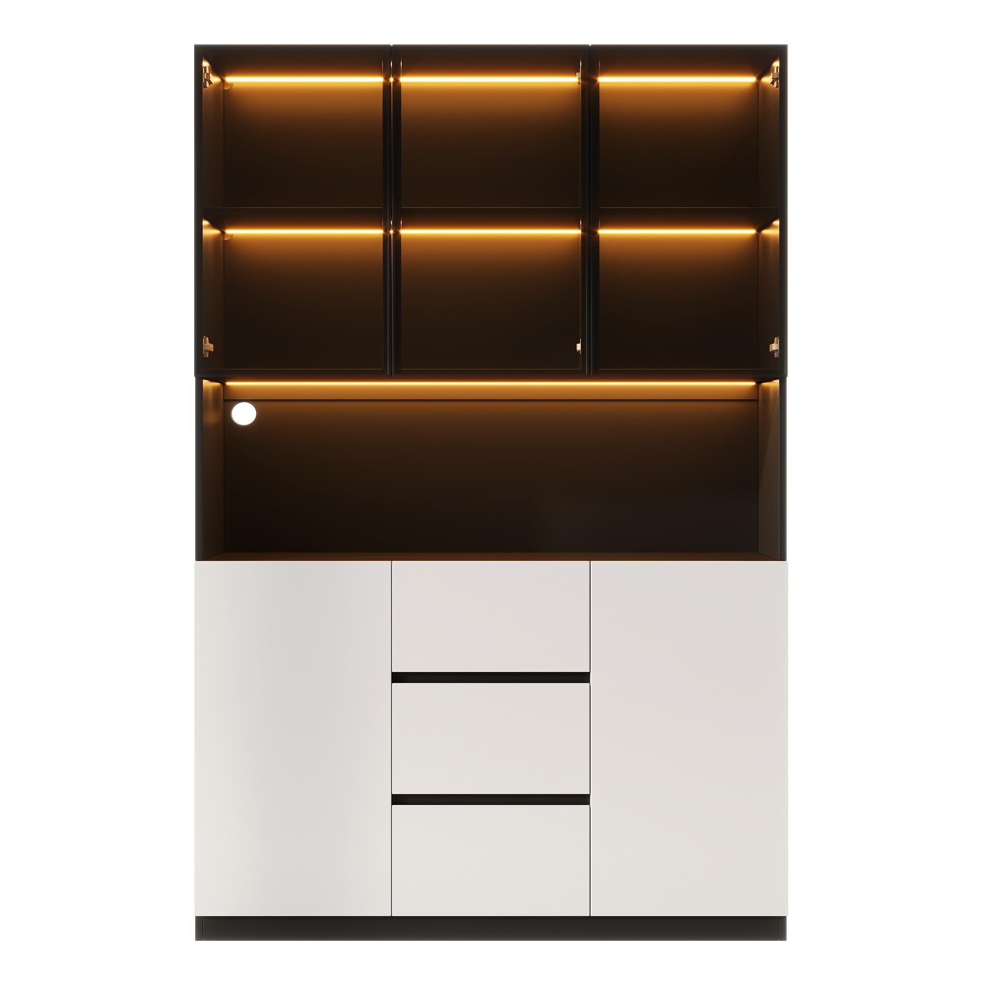 Dolamaní Armadio alto 120 × 40 × 200 cm, armadio da cucina, buffet con illuminazione a LED, scaffali aperti, 3 cassetti e 2 ante, vetrina in vetro, per soggiorno, sala da pranzo (bianco+nero)