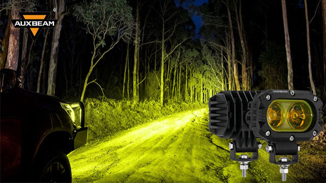 Image of Auxbeam R4 Series 4 Inch LED Amber Pod 60W Driving Flood Beam Square Light | 3500K Amber Light, 120 Wide Flood Beam, 6000LM Output, Better Visibility in Fog & Rain, IP68 Rated, Built for Offroad, Pair