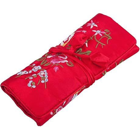 Embroidered Flower and Bird Travel Jewelry Organizer Roll