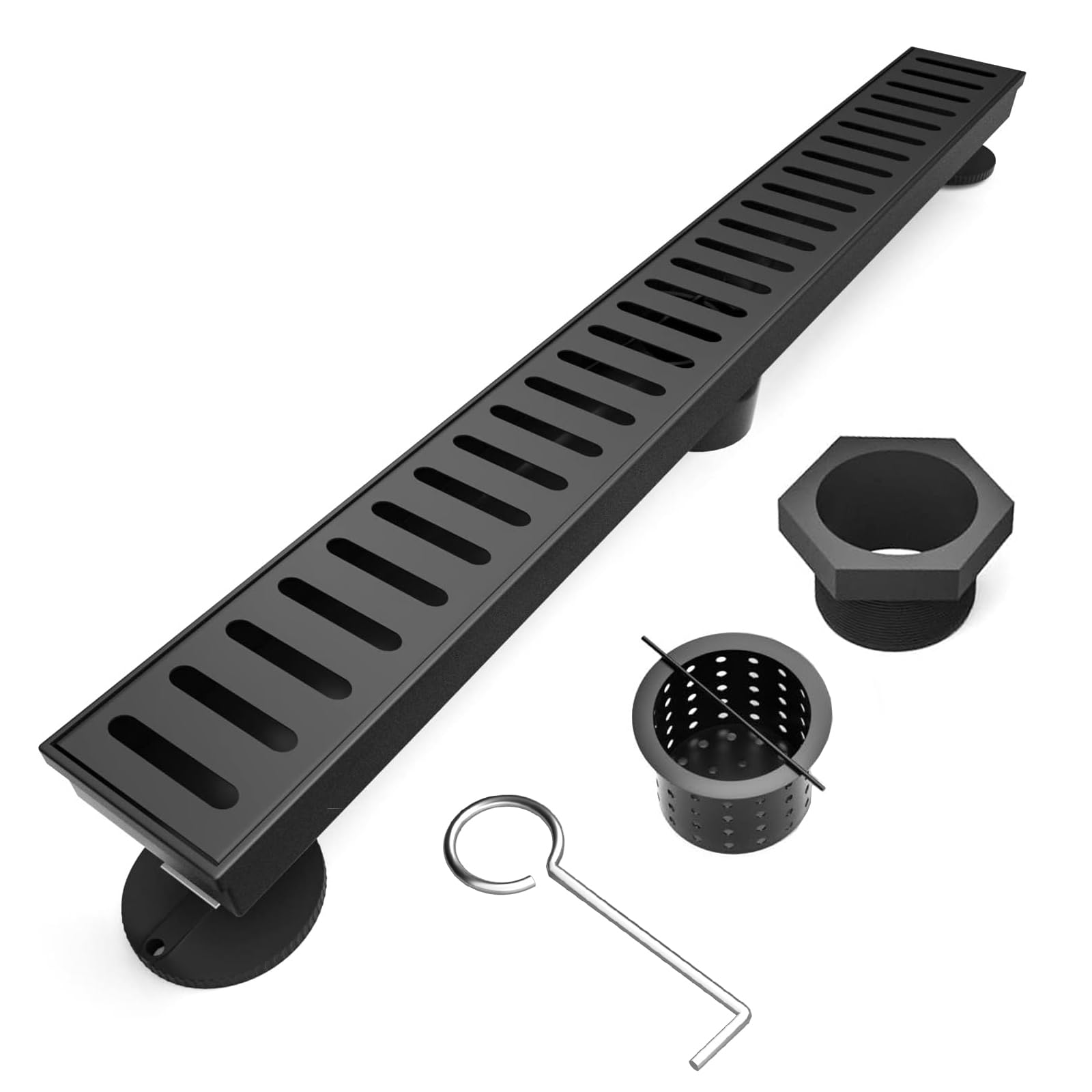 BARONAGE 28 Inch Linear Shower Drain Black Rectangle Shower Floor Drain with Accessories Capsule Pattern Cover Grate Removable SUS304 Stainless Steel CUPC Certified
