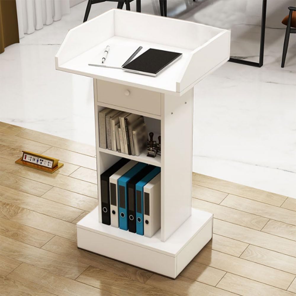 Wooden Podium, Floor Standing Podium Speaking Lectern Stand, Portable Podium Stand Reception Desk with Drawer, Lectern Podium Pulpit for Churches Classroom Office (White)