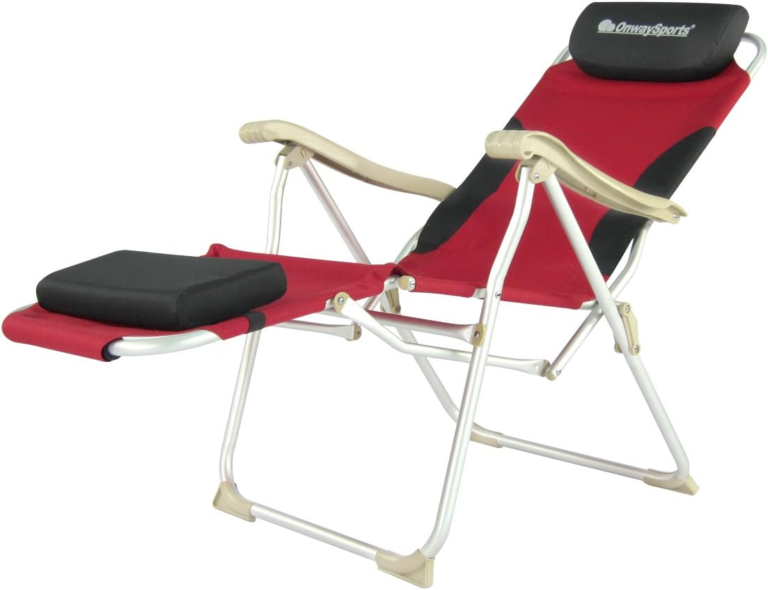 OnwaySports Aluminum Frame Reclining Chair with Headrest and Footrest Lightweight Foldable Portable for Camping in Red