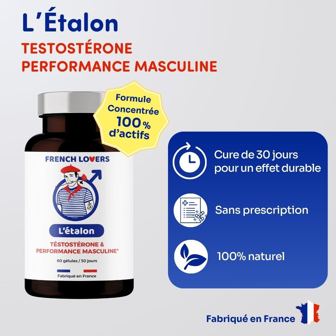 Tribulus, Maca, Zinc, L-Arginine, Boosteur de Testostérone Homme, Vigueur et Circulation sanguine - Complément Alimentaire Effet Longue Durée - Fabriqué en France - 60 Comprimés pour 1 Mois.