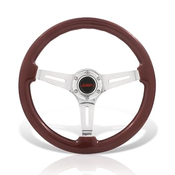 AJP Distributors Universal 14" 350mm 6 Bolts Hole Heavy Duty Steel Steering Wheel Dark Brown Wood Chrome Deep Dish 3 Spokes Light Weight + Horn Button Replacement JDM VIP Sport Grip