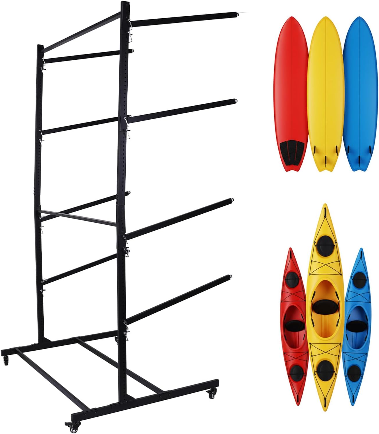 4-Tier Kayaks Storage Rack Rust-Proof Steel Frame Stand Up Paddle Board Holder W/Swappable Wheels & Feet for Garage Dock Or Seaside Use