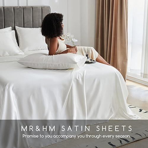 Miniatura 6 de MR&HM Sábanas de satén para cama de tamaño matrimonial, juego de 6 piezas de ropa de cama sedosa con 15pulgadas de profundidad para colchón