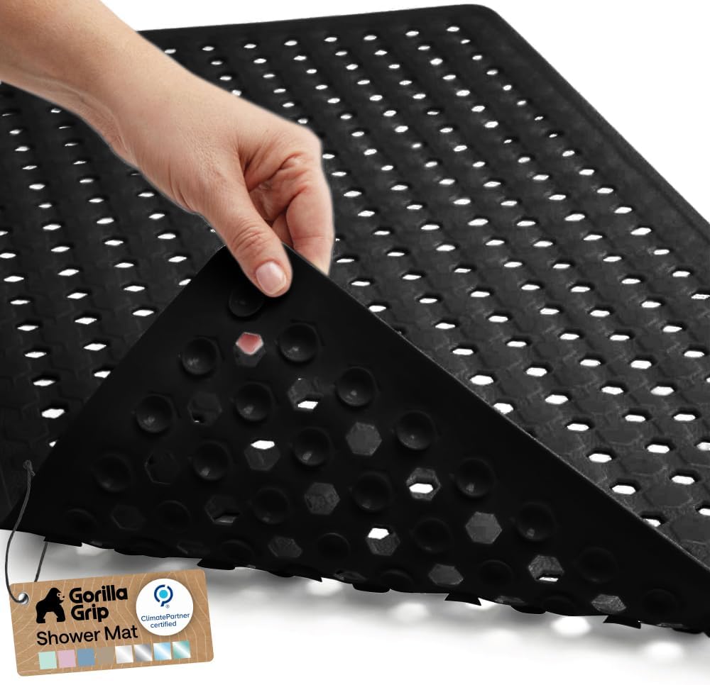 GORILLA GRIP Patented Bath Tub Shower Mat, Machine Washable Bathtub Floor Liner Mats, Suction Cups and Drain Holes to Keep Tubs Clean, Soft on Feet, Bathroom Essentials, 35x16 Inch, Black