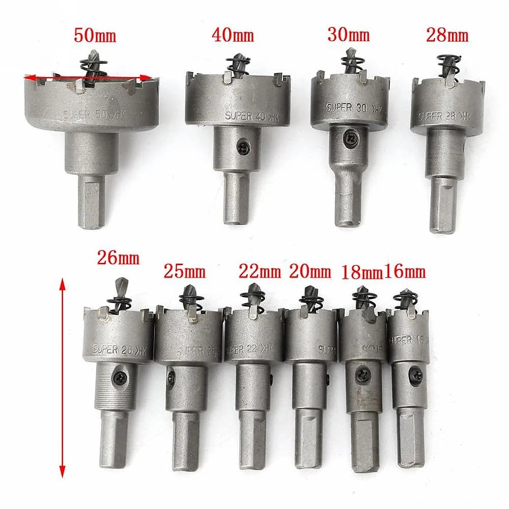 Juego de 10 brocas HSS con punta de carburo, juego de sierra perforadora, aleación de metal de acero inoxidable, 16/18/20/22/25/26/28/30/40/50 mm, metalurgia, 16,50 mm