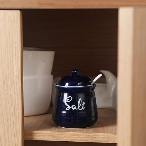 Miniatura 6 de HAOTOP Sal de porcelana de granja con tapa y cuchara de 12 onzas, fácil de limpiar (azul marino)