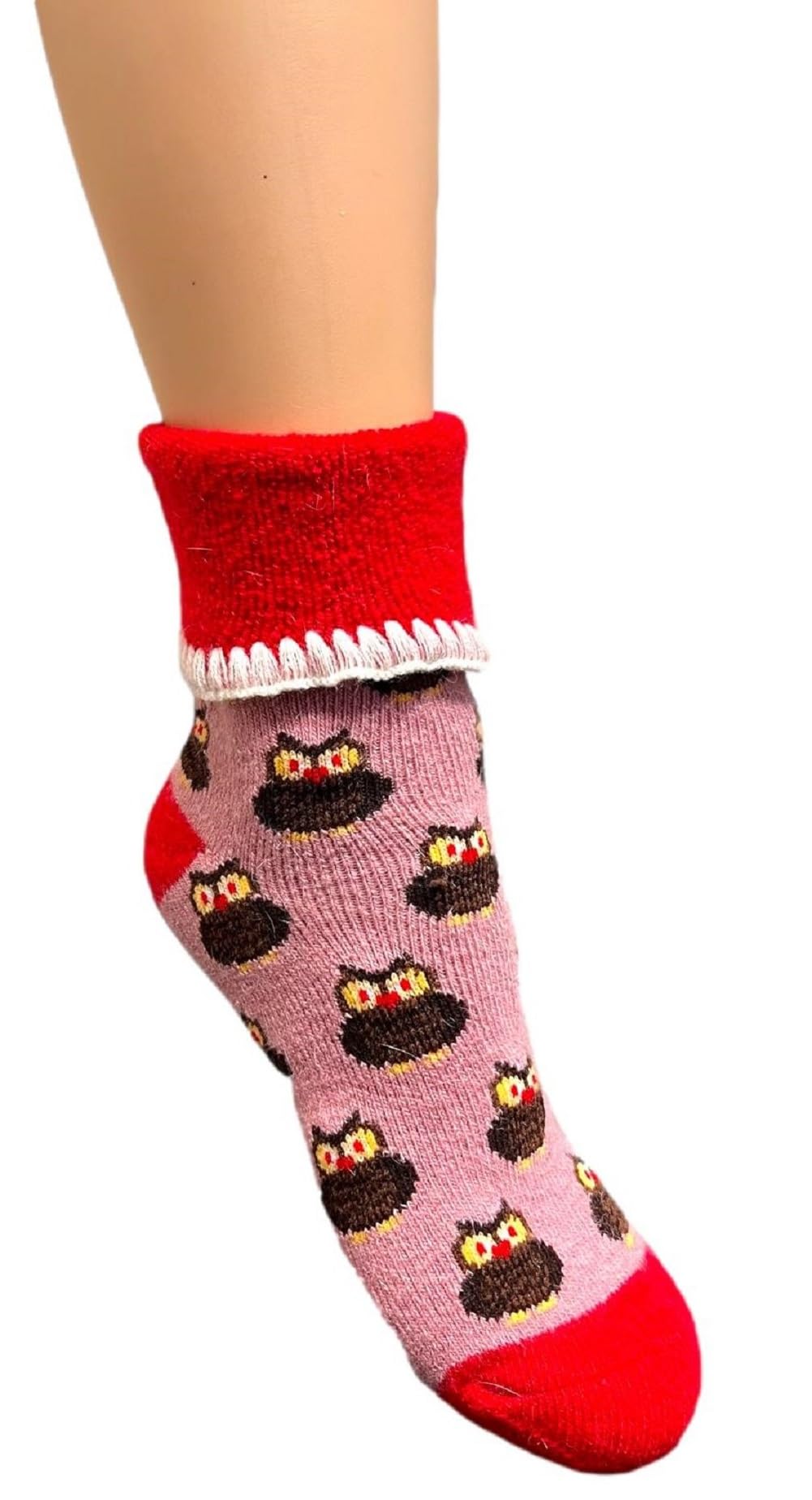 Jess & Lou Cuff Socks Super Cosy Thick Fluffy Towelling Warm Knitted Cuff Stretchy Loungewear Cute Design Gift Idea (Pink Owl)