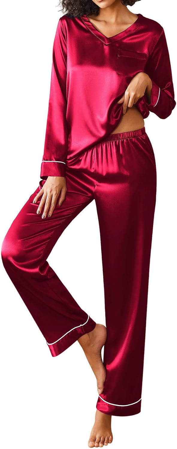 Ekouaer Silk Pajama for Women Long Sleeve Satin Pj Set Two Piece Soft Sleepwear Loungewear S-XXL