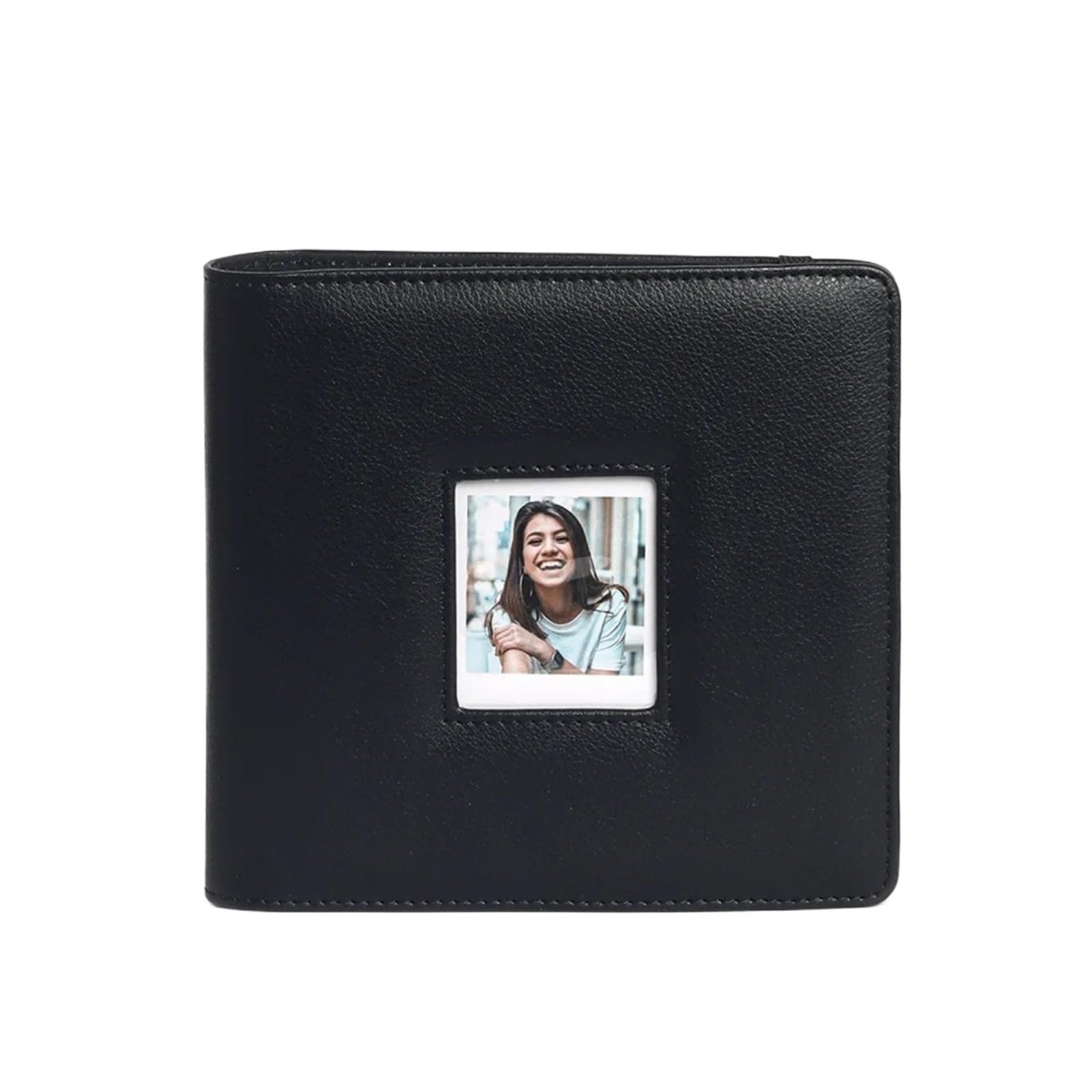 Álbum de fotos texturizado con ventana frontal y correa de cuero PU