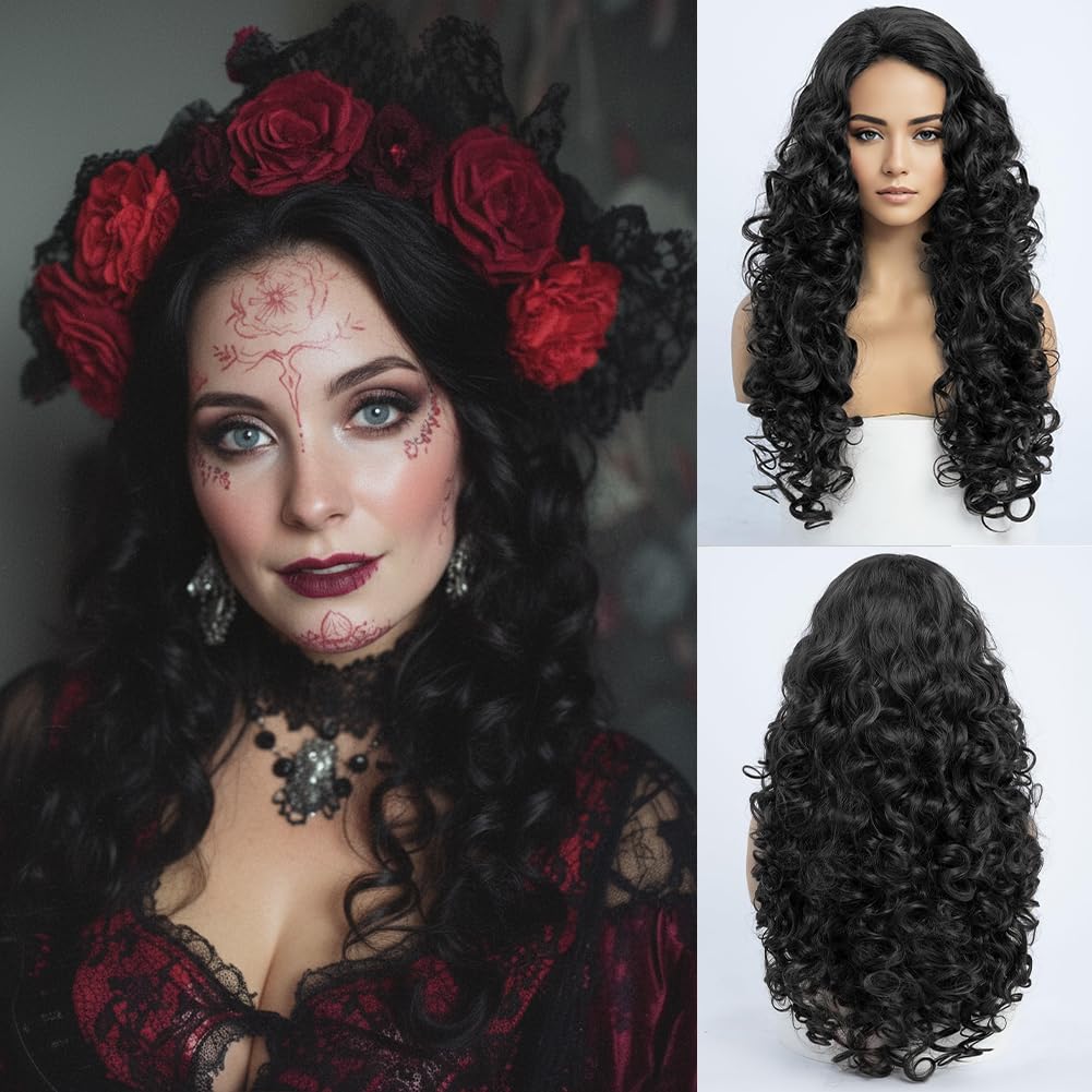 Wig Black Short with Curls Women Wigs with Long Black Curly Hair for Women Fascing Carnival Halloween Cosplay Anime Outfit Women Black Wig Long Wig