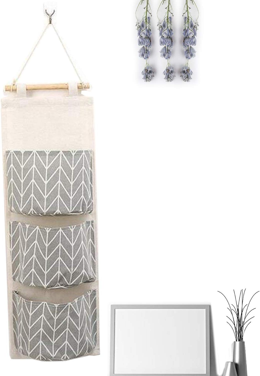 ZhengYue Wall Hanging Storage Bag, Waterproof Over The Door Closet Organizer| Linen Farbric Hanging Pocket Organizer with 3 Remote-Sized Pockets for Bedroom Bathroom Grey