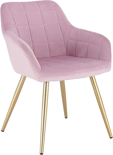WOLTU® Esszimmerstuhl BH232rs-1 1 Stück Küchenstuhl Polsterstuhl Wohnzimmerstuhl Sessel mit Armlehnen, Sitzfläche aus Samt, Gold Beine aus Metall, Rosa