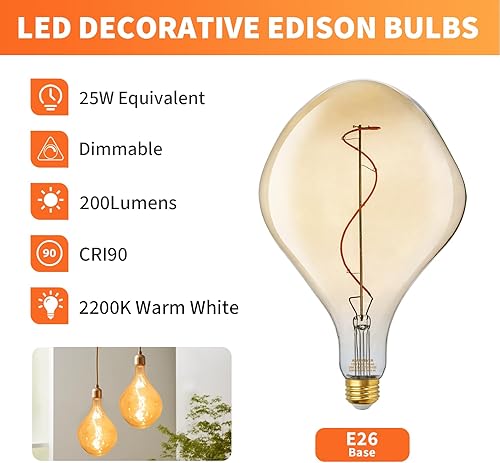 Miniatura 9 de ALAMPEVER Bombillas Edison decorativas LED regulables de gran tamaño 40 W, 2200 K blanco cálido, base E26, 7 W, acabado de vidrio ámbar (TT80T24)