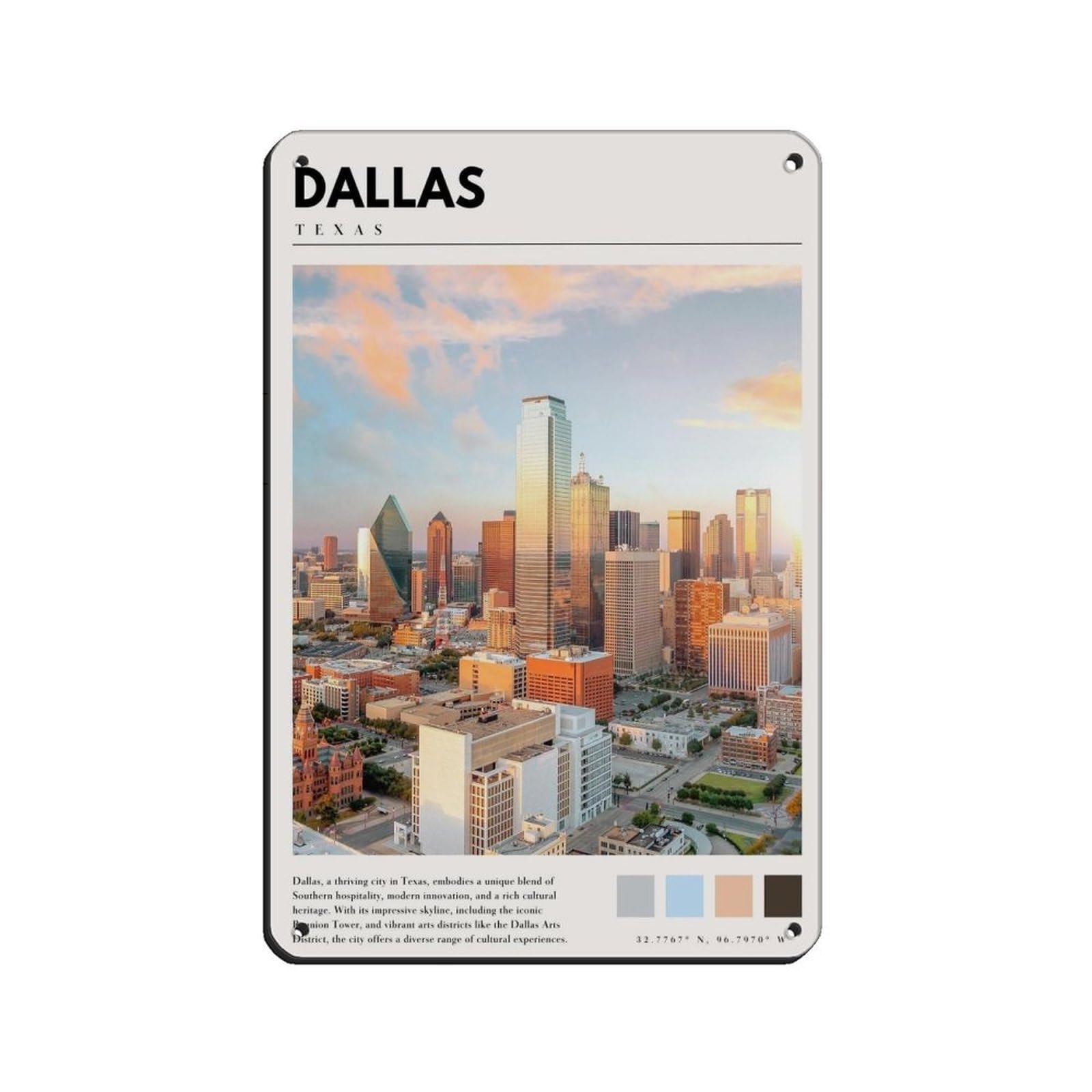 Dallas Downtown City Poster Dallas Texas Art Tin Sign Vintage Metal Pub Club Cafe Bar Home Wall Art Decoration Poster Retro 8x12inch(20x30cm)
