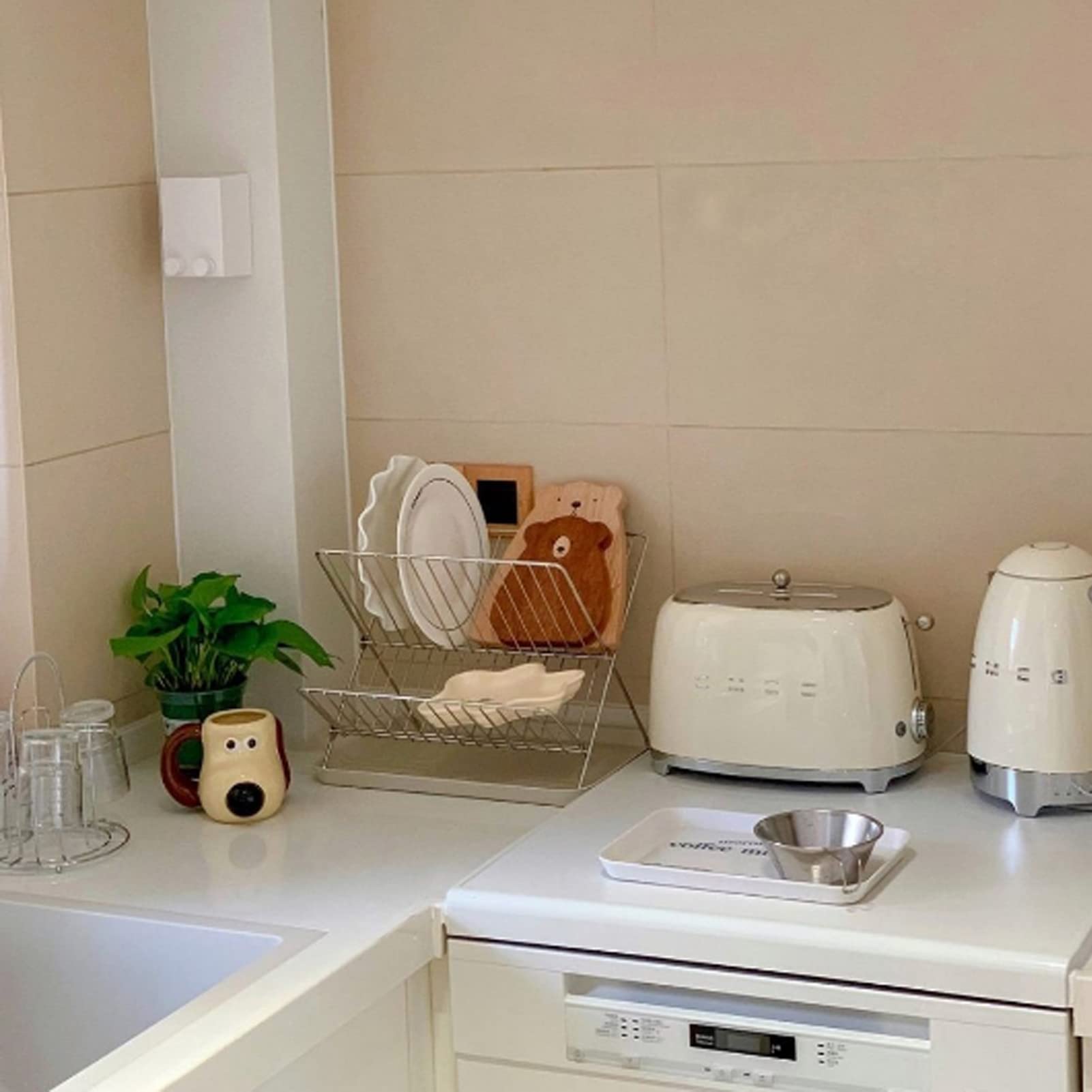 Scolapiatti Pieghevole in Acciaio Inossidabile a 2 Livelli di plplaaoo, con Vassoio Raccogligocce, Ideale per Stoviglie, Scolapiatti Pieghevole per Lavello della Cucina, Piano di Lavoro