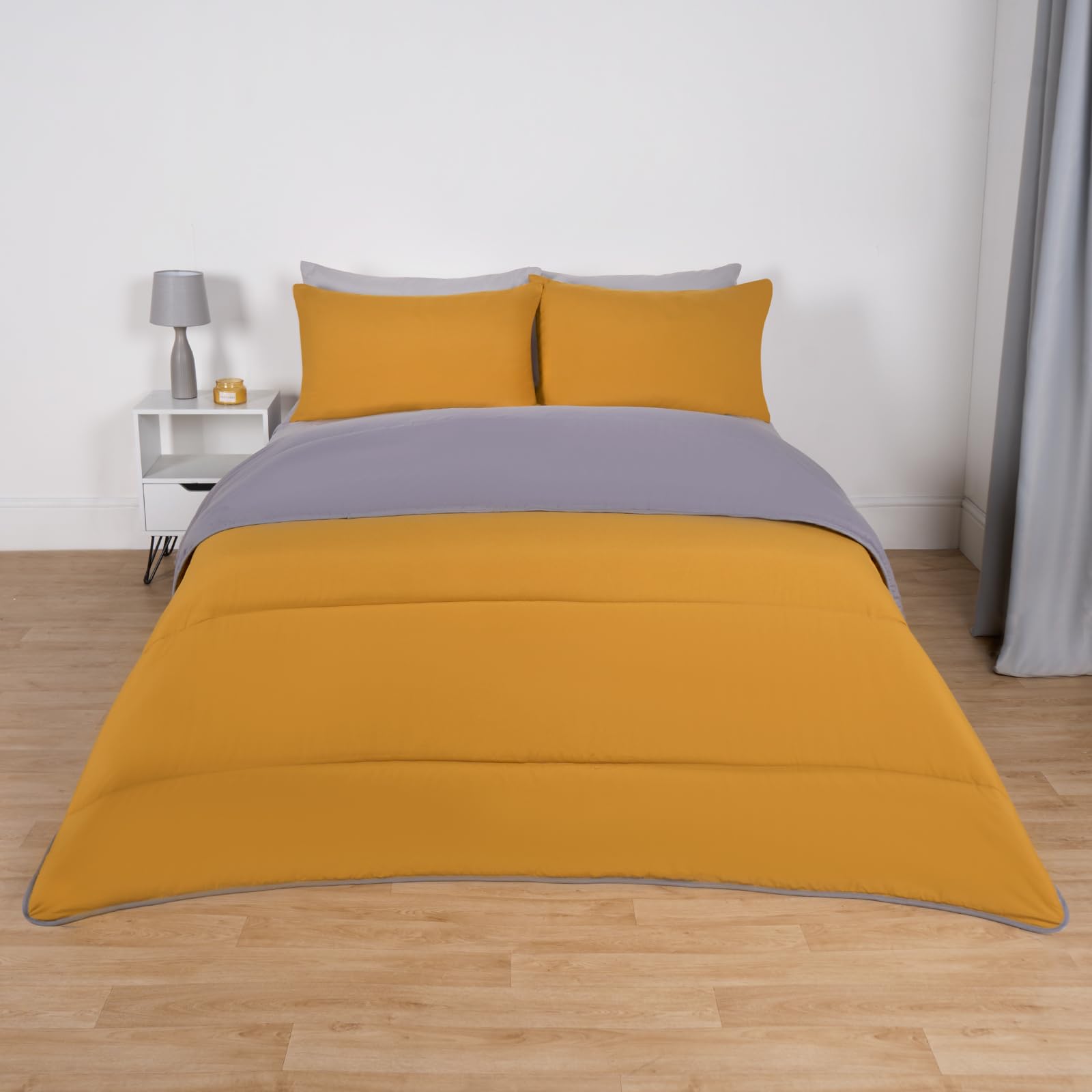 Ohs Grey/Ochre 10.5 Tog Coverless Duvet For King Size Bed, Reversible Washable Coverless Travel Summer Camping Duvet Soft Warm Comfy Bedding With Pillowcase,