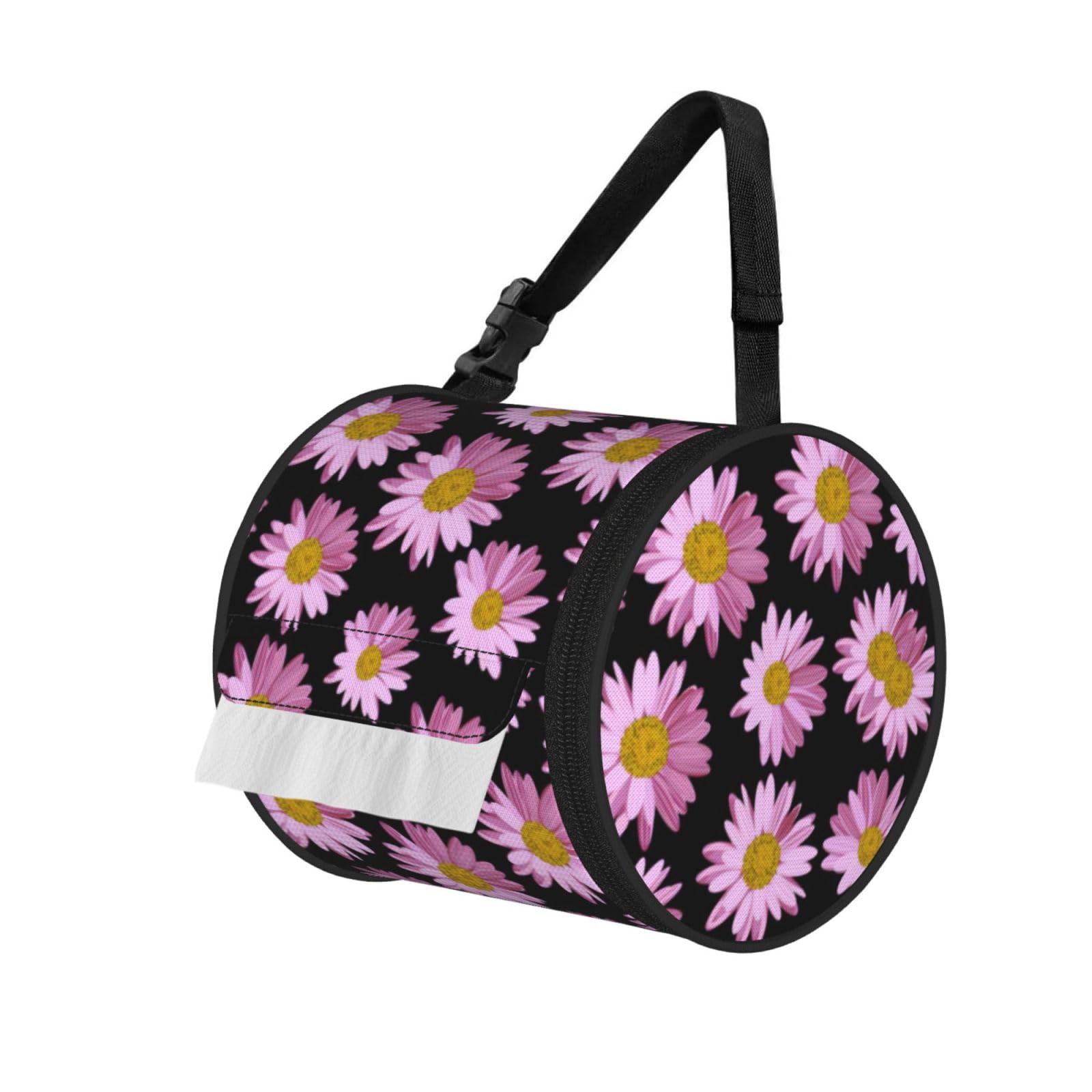 Polka Dot Pink Flower Print Round Tissue Dispenser Bag With Carry Strap, Portable Roll Holder For Car Travel Home