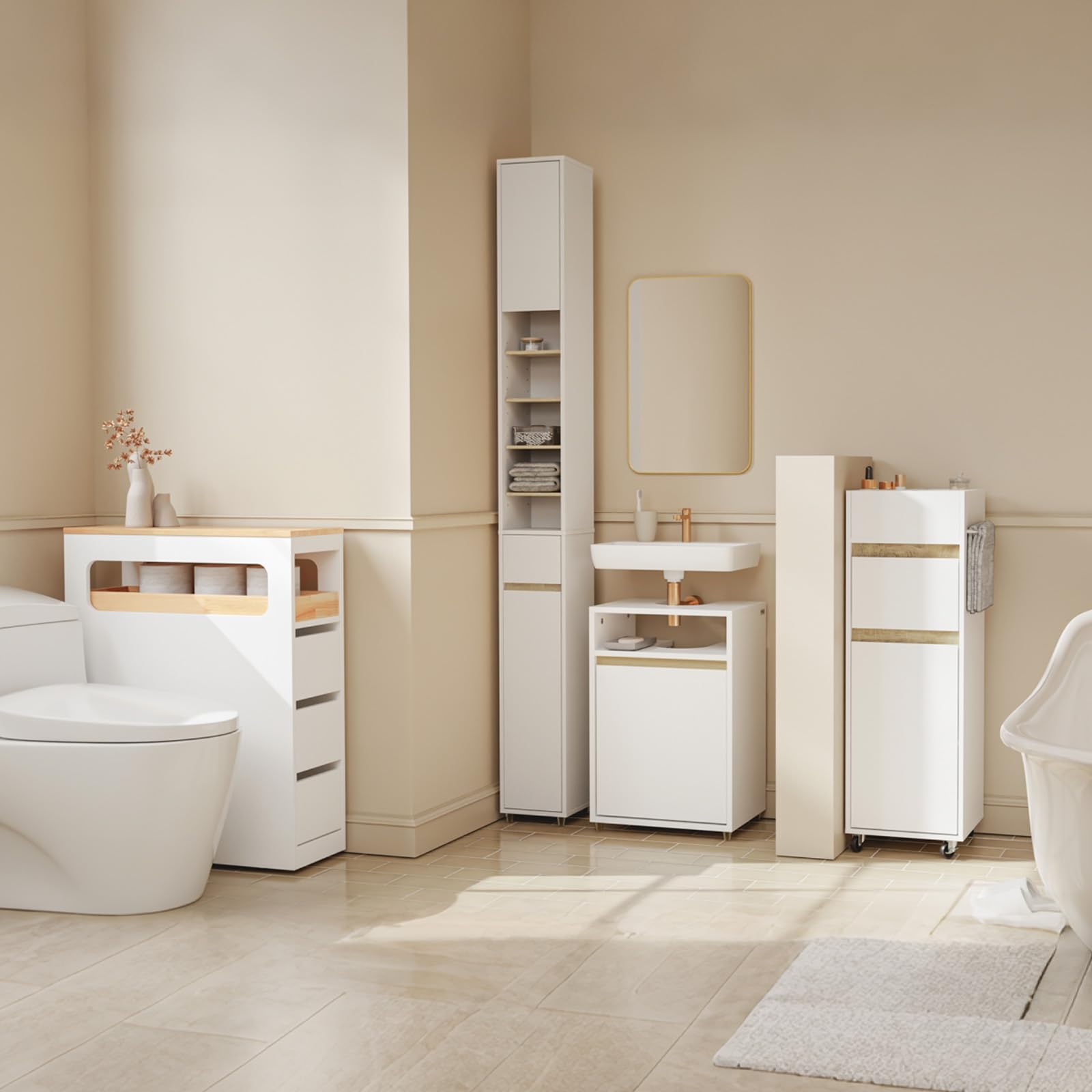 SoBuy Mobile Bagno Salvaspazio con Ruote 33x30x91,5 cm Stretto per Bagno | Mobiletto Bagno Stretto con Cassetto Ansa & Portasciugamani, Armadio Salvaspazio Bianco BZR225-WN