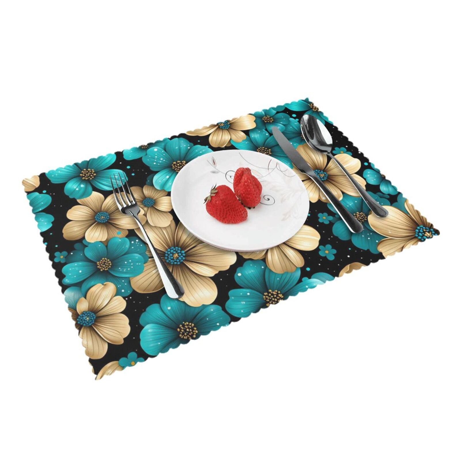 Teal Gold Floral Pattern(1) Placemats Set of 4 Print Table Mats Place Mats Table Decor for Kitchen Dining 12X18 in