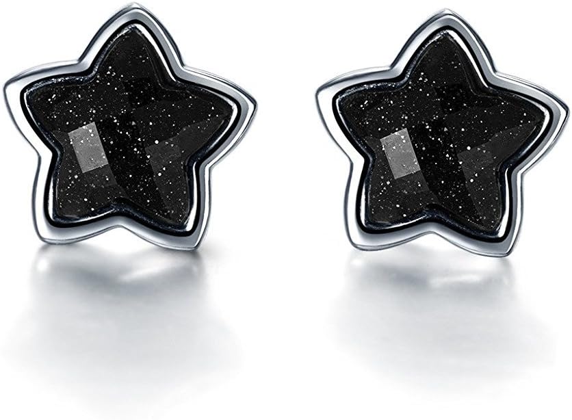 SILVERAGE Sterling Silver 925 Galaxy Star Stud Earrings Dark Blue Synthetic Aventurine Silver Earrings For Women (Black) (Black Star)