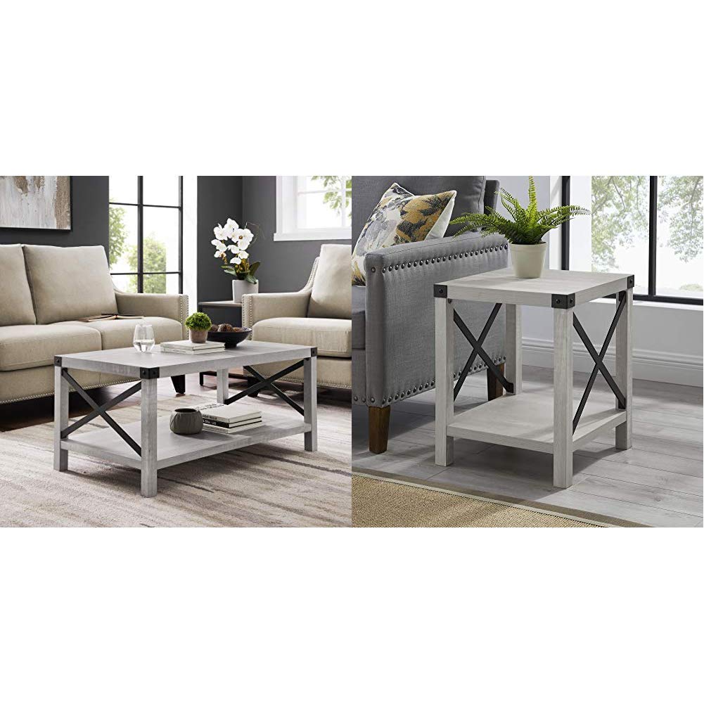Walker EdisonFurniture Company Rustic Modern Farmhouse Metal and Wood Rectangle Accent Coffee Table with Square Side Accent Living Roo