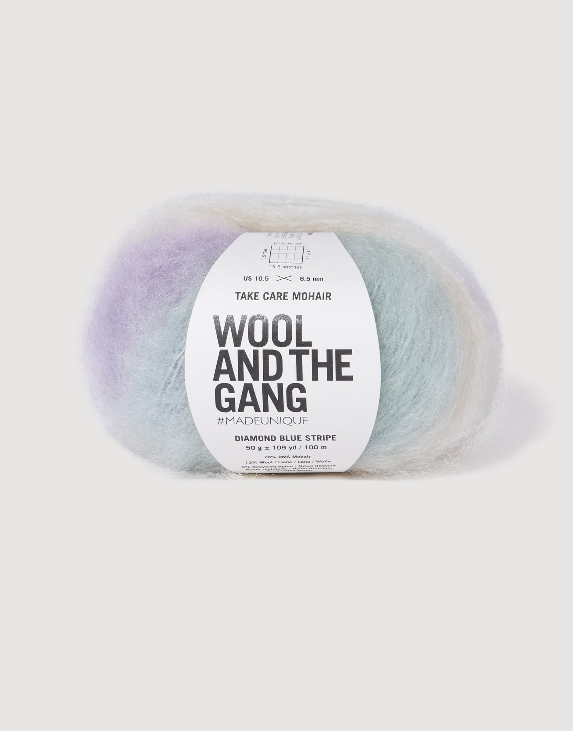Wool and the Gang Take Care Mohair Stripe, Diamond Blue Stripe, 50 g, Aran/Worsted