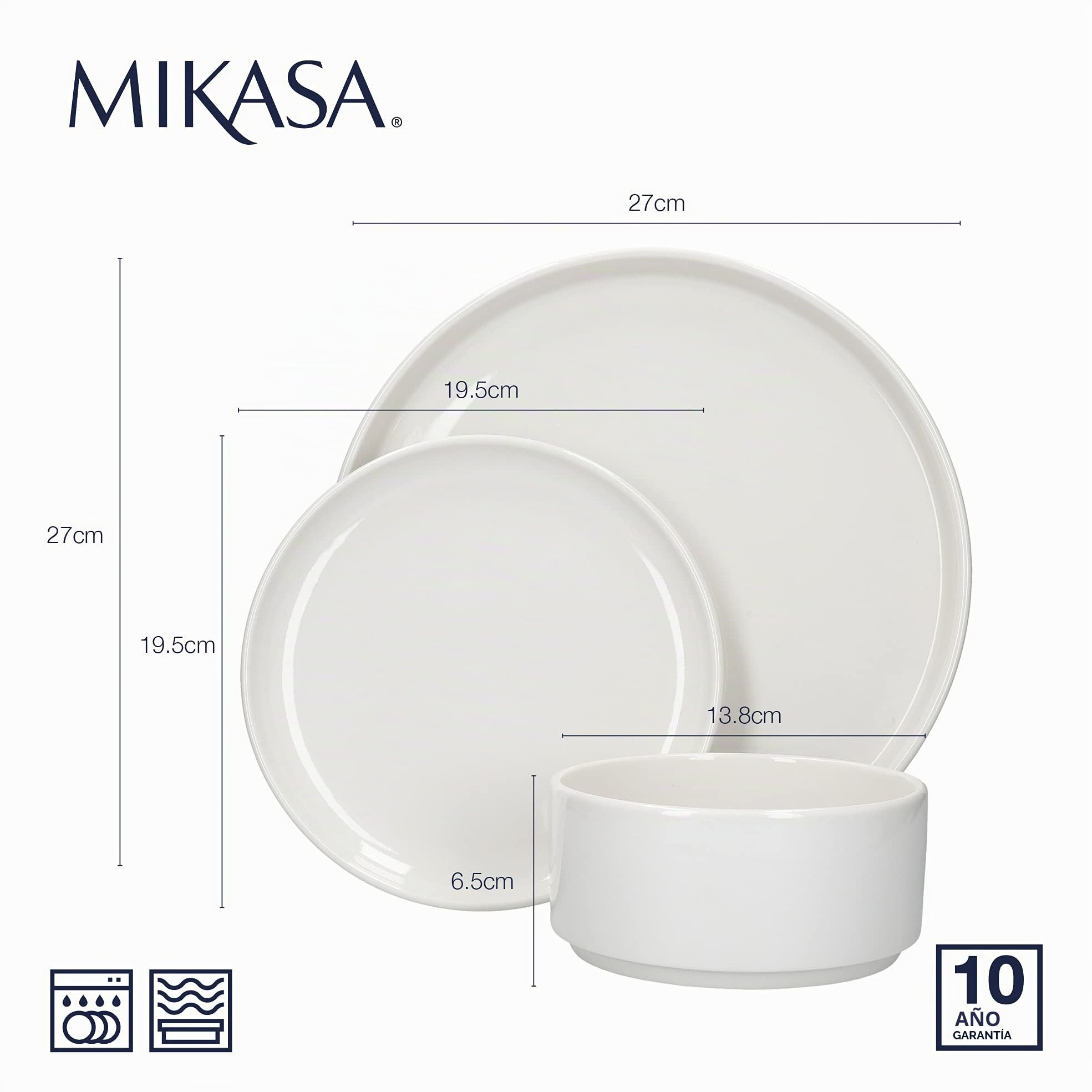 Mikasa Juego de Vajilla Camberlie, Platos y Tazones de Estilo Escandinavo de Porcelana Blanca, 12 piezas